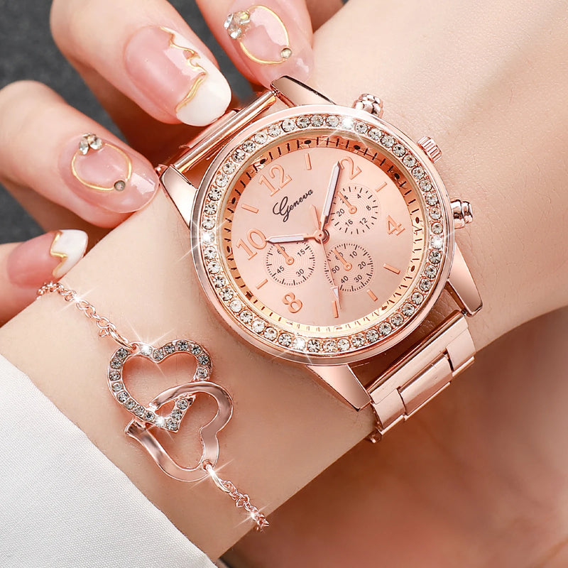 Relógio Feminino Strass- Pulseira Em Aço Inoxidável +Brinco/Anel/Colar De Brinde